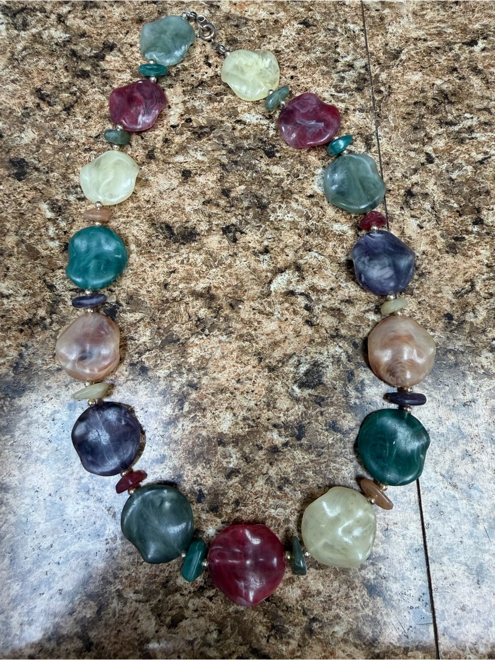 Chunky Multicolor Marbled Acrylic Bead Necklace 20” Retro Statement Jewelry